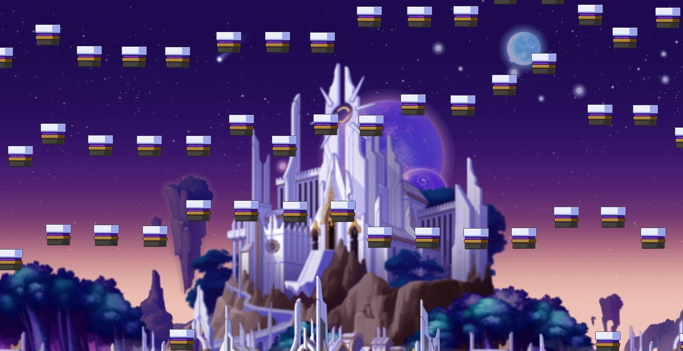 Floating jump-quest platforms above Heliseum's moonlit castle