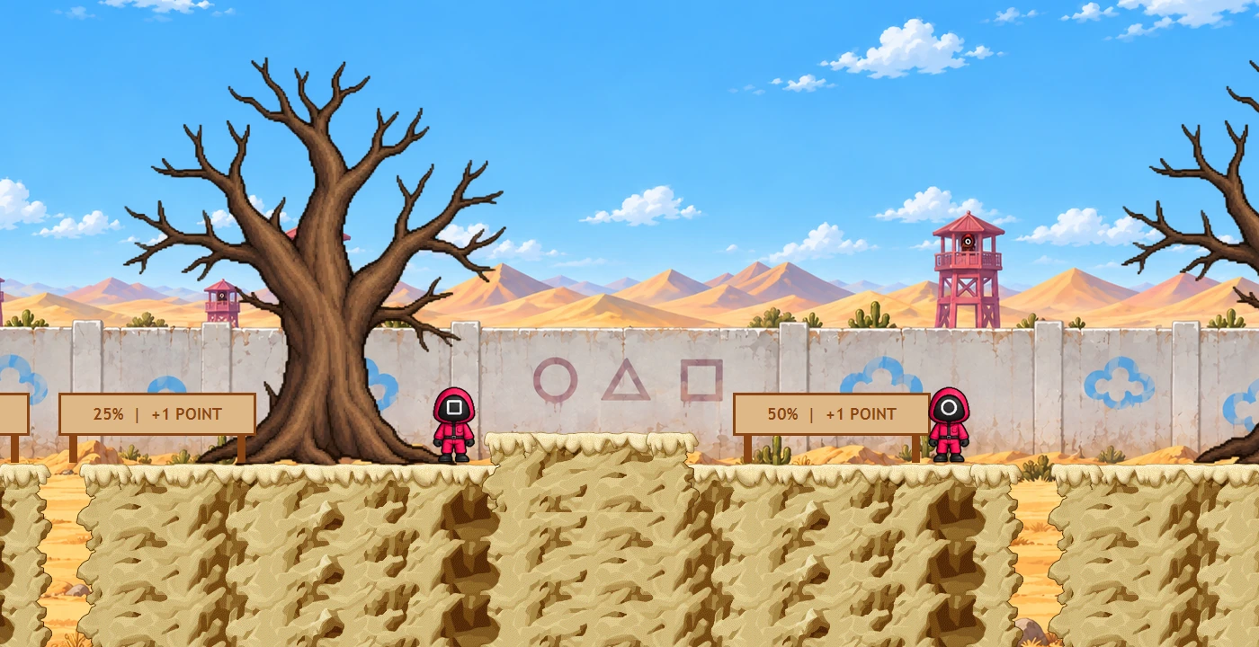 The guards and desert arena of Red Light / Green Light